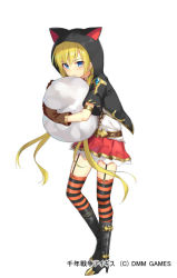 Rule 34 | 1girl, alexmaster, animal ears, animal hood, black footwear, black jacket, blonde hair, blue eyes, blush, boots, brown gloves, cat ears, cat hood, character request, closed mouth, commentary request, copyright notice, fake animal ears, full body, garter straps, gloves, hair between eyes, high heel boots, high heels, hood, hood up, hooded jacket, hugging object, jacket, long hair, official art, pleated skirt, red skirt, sennen sensou aigis, shirt, short sleeves, simple background, skirt, solo, standing, standing on one leg, striped clothes, striped thighhighs, thighhighs, thighhighs under boots, twintails, very long hair, watermark, white background, white shirt
