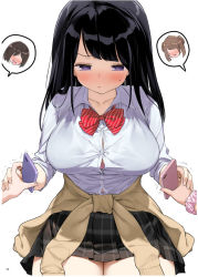 Rule 34 | 3girls, black hair, black skirt, blush, bow, bowtie, bra, bra visible through clothes, breasts, brown cardigan, brown hair, button gap, cardigan, cardigan around waist, cellphone, closed mouth, clothes around waist, collarbone, collared shirt, cowboy shot, dress shirt, embarrassed, faceless, faceless female, half-closed eyes, holding hands, kaisen chuui, large breasts, long hair, long sleeves, looking down, miniskirt, motion lines, multiple girls, nose blush, open mouth, original, phone, pink bra, pink scrunchie, pleated skirt, purple eyes, red neckwear, school uniform, scrunchie, see-through, shirt, shirt tucked in, short hair, simple background, skirt, sleeves pushed up, smartphone, smile, solo focus, speech bubble, standing, striped bow, striped bowtie, striped clothes, striped neckwear, sweat, trembling, underwear, white background, white shirt, wrist scrunchie