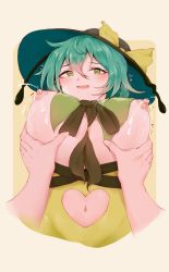 Rule 34 | 1girl, 1other, antennae, ants (cookie), bad id, bad twitter id, between breasts, black headwear, blush, bow, breasts, brown necktie, clothing cutout, commentary request, cookie (touhou), drooling, grabbing, grabbing another&#039;s breast, green eyes, green hair, hair between eyes, hat, hat bow, heart, heart cutout, heart in eye, highres, hotaru kago, komeiji koishi, lactation, large breasts, looking at viewer, looking down, medium hair, navel cutout, necktie, necktie between breasts, nipples, open mouth, pov, pov hands, smile, solo focus, symbol in eye, touhou, upper body, yellow bow