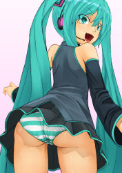 Rule 34 | 1girl, aqua eyes, aqua hair, ass, ass focus, detached sleeves, fang, from behind, hatsune miku, highres, long hair, looking at viewer, looking back, nyuuhin, panties, pantyshot, skirt, smile, solo, striped clothes, striped panties, twintails, underwear, upskirt, very long hair, vocaloid