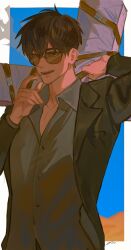 Rule 34 | 1boy, arm up, black eyes, black hair, black jacket, cigarette, collared shirt, cowboy shot, cross, grey shirt, hand up, highres, jacket, long sleeves, looking at viewer, male focus, mouth hold, nicholas d. wolfwood, on0n, open mouth, over shoulder, partially unbuttoned, shirt, short hair, smile, solo, standing, sunglasses, trigun, trigun stampede