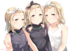 Rule 34 | 3girls, bad id, bad pixiv id, black hairband, blonde hair, bodysuit, breast pocket, detached sleeves, diving suit, flat chest, green eyes, hairband, i-504 (kancolle), juurouta, kantai collection, looking at viewer, luigi torelli (kancolle), multiple girls, multiple persona, one-piece swimsuit, pocket, school swimsuit, short hair, simple background, sleeveless, swimsuit, uit-25 (kancolle), upper body, wetsuit, white background, white hairband, white one-piece swimsuit, white school swimsuit