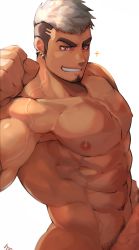 Rule 34 | 1boy, abs, absurdres, bara, completely nude, cowboy shot, crow (siranui), dark-skinned male, dark skin, earrings, erection, facial hair, goatee, grey hair, grin, highres, jewelry, large pectorals, looking at viewer, male focus, male pubic hair, mature male, multicolored hair, muscular, muscular male, navel, navel hair, nipples, nude, original, pectorals, penis, pubic hair, red eyes, seductive smile, short hair, sideburns, smile, solo, stomach, thick eyebrows, two-tone hair, undercut, veins, veiny penis