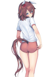Rule 34 | 1girl, animal ears, ass, blue eyes, blush, embarrassed, flower, from behind, gym shorts, gym uniform, hair flower, hair ornament, highres, horse ears, looking at viewer, medium hair, sakura chiyono o (umamusume), shorts, simple background, solo, tail, thighs, tks (526tks), umamusume, white background