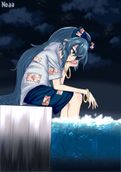 Rule 34 | 1girl, 367gou, bad id, bad pixiv id, bangle, barefoot, blue eyes, blue hair, blue skirt, bracelet, bubble, cloud, cloudy sky, commentary, debt, expressionless, from side, head rest, highres, hood, hoodie, jewelry, long hair, looking down, night, night sky, outdoors, poolside, sitting, skirt, sky, soaking feet, solo, star (sky), starry sky, touhou, very long hair, water, water surface, yorigami shion