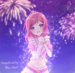 Rule 34 | 1girl, artist name, artist request, belt, blush, bracelet, breasts, collarbone, dress, female focus, fireworks, frilled dress, frills, hair between eyes, highres, jewelry, looking at viewer, love live!, love live! school idol project, midriff, music s.t.a.r.t!!, navel, necklace, night, night sky, nishikino maki, own hands together, pink belt, pink detached collar, pink dress, pink skirt, puffy short sleeves, puffy sleeves, purple eyes, red hair, scrunchie, short hair, short sleeves, single sleeve, skirt, sky, small breasts, smile, solo, sparkle, star (sky), swept bangs, tiara, white detached collar, white skirt, yellow bracelet, yellow scrunchie
