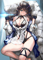 Rule 34 | 1girl, bag, bare shoulders, black gloves, black hair, blue eyes, breasts, cleavage, couch, earrings, elf, gloves, highres, jewelry, large breasts, long sleeves, looking at viewer, lying, mole, mole on thigh, off shoulder, on back, original, parted lips, pointy ears, ran&#039;ou (tamago no kimi), solo, thigh strap, thighs