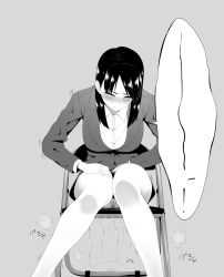 Rule 34 | 1girl, between legs, blush, breasts, chair, crying, embarrassed, closed eyes, female focus, formal, grey background, greyscale, hand between legs, have to pee, jacket, knees together feet apart, large breasts, leaning forward, long sleeves, maanii, monochrome, office lady, original, panties, pee, peeing, peeing self, pencil skirt, puddle, shirt, simple background, sitting, skirt, skirt suit, solo, speech bubble, steam, suit, tears, text focus, translated, trembling, underwear, upskirt, wet, wet clothes, wet panties