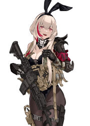 Rule 34 | 1girl, animal ears, assault rifle, black corset, black gloves, black pantyhose, blonde hair, breasts, chest rig, cleavage, corset, fake animal ears, girls&#039; frontline, gloves, gun, highres, leotard, m4 sopmod ii, m4 sopmod ii (girls&#039; frontline), mechanical arms, medium breasts, multicolored hair, mutugorou u, optical sight, pantyhose, playboy bunny, red eyes, rifle, smile, solo, streaked hair, weapon, white background