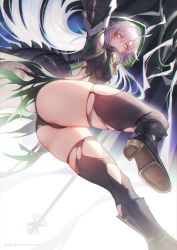 Rule 34 | 1girl, ahoge, arknights, artist name, ass, backlighting, bare shoulders, belt, black footwear, black thighhighs, boots, commentary, crocodilian tail, english commentary, expressionless, from below, goggles, goggles around neck, green hood, highres, hood, large tail, long hair, long sleeves, looking at viewer, looking down, pointy ears, rhine (overtonerhine), silver hair, skindentation, solo, staff, standing, standing on one leg, strap, tail, thighhighs, thighs, tomimi (arknights), torn clothes, torn thighhighs, twitter username, white background, yellow eyes