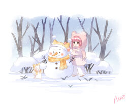 Rule 34 | 1girl, artist request, bare tree, blush, brown eyes, bush, carrot, cat, chinese commentary, commentary request, copyright name, day, jacket, mittens, momo (miracle nikki), nikki (miracle nikki), official art, open mouth, outdoors, pants, pink hair, pink headwear, pink jacket, pink scarf, scarf, shining nikki, smile, snow, snowing, snowman, tree, white cat, white pants, yellow cloak, yellow headwear, yellow scarf