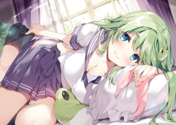Rule 34 | 1girl, aqua eyes, bed, blue collar, blue skirt, breasts, cleavage, collar, commentary request, frog hair ornament, green hair, hair ornament, indoors, kochiya sanae, large breasts, long hair, looking at viewer, lying, miyase mahiro, on bed, on side, pillow, pleated skirt, sailor collar, school uniform, serafuku, shirt, skirt, smile, snake hair ornament, socks, solo, stuffed animal, stuffed snake, stuffed toy, thighs, touhou, white shirt, window