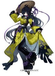 Rule 34 | 1girl, black hair, character request, full body, hat, long hair, official art, oshiro project:re, pants, shiba (s hi ba ), standing, very long hair, vietnamese clothes, vietnamese dress, watermark, white background