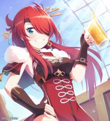 Rule 34 | 1girl, absurdres, alcohol, aqua eyes, armpits, artist name, bang dream!, beer, beer mug, beidou (genshin impact), beidou (genshin impact) (cosplay), blue sky, blush, breasts, brown gloves, capelet, chinese clothes, cleavage, cloud, commentary, cosplay, cowboy shot, cup, day, despuntater, dress, earrings, elbow gloves, english commentary, eyepatch, fang, fingerless gloves, fur-trimmed capelet, fur trim, genshin impact, gloves, grin, hair between eyes, hair ornament, hair over one eye, hair stick, hand on own hip, highres, holding, holding cup, huge filesize, jewelry, light rays, long hair, looking at viewer, medium breasts, mug, outdoors, red capelet, red dress, red hair, ship, side slit, sidelocks, sky, sleeveless, sleeveless dress, smile, solo, standing, sunbeam, sunlight, teeth, udagawa tomoe, underbust, watercraft