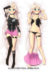 Rule 34 | 1girl, ahoge, bare shoulders, barefoot, black panties, blue eyes, braid, clothes pull, dakimakura (medium), from above, hand on forehead, ia (vocaloid), kantoku (style), kuro-kun (nablack), long hair, looking at viewer, looking up, lying, multiple views, navel, off shoulder, on back, open clothes, open skirt, panties, pink hair, side-tie panties, single thighhigh, skirt, skirt around one leg, skirt pull, thigh strap, thighhighs, twin braids, underwear, untied, very long hair, vocaloid