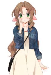 Rule 34 | 1girl, 2019, aerith gainsborough, bad id, bad pixiv id, bag, blue jacket, blush, bow, brown hair, closed mouth, cowboy shot, dated, denim, denim jacket, dress, final fantasy, final fantasy vii, green eyes, hair between eyes, hair bow, hair intakes, handbag, jacket, krudears, long hair, long sleeves, looking at viewer, open clothes, open jacket, pink bow, simple background, smile, solo, standing, very long hair, white background, white dress