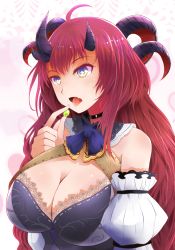 Rule 34 | + +, 1girl, ahoge, arano oki, bare shoulders, black choker, blue eyes, blue neckwear, blush, breasts, choker, cleavage, commentary request, copyright request, curled horns, demon girl, demon horns, detached sleeves, dress, fang, grey dress, hand up, heart, holding, horns, juliet sleeves, large breasts, long hair, long sleeves, looking away, open mouth, puffy sleeves, red hair, solo, tongue, tongue out, very long hair, virtual youtuber