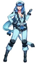 Rule 34 | 1girl, :d, black footwear, blue bodysuit, blue eyes, blue gloves, blue hair, blue hat, bodysuit, breasts, camouflage, camouflage gloves, cleavage, creatures (company), full body, game freak, gen 4 pokemon, glaceon, gloves, goggles, goggles on headwear, hand on own hip, harness, hat, jewelry, katagiri hachigou, knee pads, light blue hair, long hair, long sleeves, low-tied long hair, medium breasts, necklace, nintendo, open mouth, partially unzipped, personification, pokemon, simple background, smile, solo, standing, teeth, upper teeth only, very long hair, white background