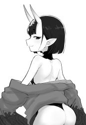 Rule 34 | 1girl, absurdres, ass, bare back, come hither, fang, fate/grand order, fate (series), greyscale, highres, horns, leotard, leotard under clothes, looking at viewer, monochrome, oni, pointy ears, shiromanta, short hair, shuten douji (fate), skin-covered horns, smile, solo, undressing