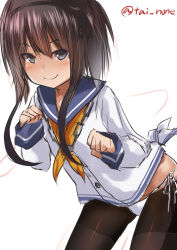 Rule 34 | 10s, 1girl, bad id, bad pixiv id, black hair, black thighhighs, brown eyes, brown hair, commentary request, contrapposto, cowboy shot, dress, hairband, kantai collection, leaning forward, long sleeves, looking at viewer, no pants, panties, sailor dress, school uniform, serafuku, short hair, short hair with long locks, side-tie panties, simple background, sketch, sleeves past wrists, smile, solo, standing, tai (nazutai), thighhighs, tokitsukaze (kancolle), twitter username, underwear, white background, white panties