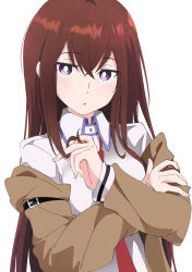 Rule 34 | 1girl, :o, arm belt, belt, black belt, blush, brown hair, brown jacket, buckle, collared shirt, hair between eyes, twirling hair, hand on own arm, hand up, ixy, jacket, long hair, long sleeves, looking at viewer, makise kurisu, necktie, open mouth, purple eyes, red necktie, shirt, sidelocks, simple background, solo, steins;gate, upper body, white background, white shirt