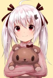 Rule 34 | 1girl, :3, ahoge, bad id, bad pixiv id, bear hair ornament, brown ribbon, closed mouth, hair between eyes, hair ornament, hair ribbon, highres, long hair, looking at viewer, hugging object, original, red eyes, ribbed sweater, ribbon, silver hair, simple background, smile, solo, stuffed animal, stuffed toy, sukemyon, sweater, teddy bear, turtleneck, turtleneck sweater, twintails, upper body, yellow background