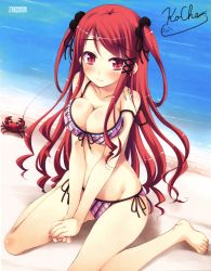 Rule 34 | 1girl, :3, absurdres, barefoot, bikini, blush, breasts, caricature, cleavage, crab, feet, front-tie top, highres, hinomiya ayari, ko~cha, large breasts, long hair, looking at viewer, ocean, off shoulder, paper texture, plaid, plaid bikini, red eyes, red hair, sand, scan, shiny skin, side-tie bikini bottom, signature, sitting, smile, strap slip, swimsuit, two side up, wariza, witch&#039;s garden