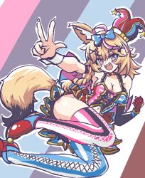 Rule 34 | 1girl, animal ears, blonde hair, blue bow, bow, braid, breasts, chained tan, clenched hand, clothing cutout, elbow gloves, fangs, fox ears, fox girl, fox tail, gloves, hair bow, hair ornament, hairclip, hat, hololive, jester cap, looking at viewer, lying, medium breasts, navel, navel cutout, omaru polka, omaru polka (1st costume), on side, open mouth, red gloves, single glove, skirt, smile, solo, striped clothes, striped skirt, tail, thick thighs, thighhighs, thighs, v, v-shaped eyebrows, virtual youtuber, wrist cuffs