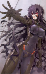 Rule 34 | 1girl, beatrix bremer, black hair, bodysuit, breasts, carnelian, cleavage, covered navel, female focus, fortified suit, large breasts, lips, long hair, muv-luv, muv-luv alternative, official art, open mouth, outstretched arms, pilot suit, red eyes, scan, scan artifacts, schwarzesmarken, shouting, skin tight, solo, teeth, wavy hair