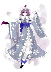 Rule 34 | 1girl, absurdres, black footwear, blue bow, blue kimono, bow, collar, colored skin, hand fan, floral print, frilled collar, frilled kimono, frills, full body, hair between eyes, hat, highres, japanese clothes, kimono, looking at viewer, mob cap, purple eyes, purple hair, ribbon-trimmed collar, ribbon trim, saigyouji yuyuko, sash, footwear bow, shoes, short hair, sketch, solo, touhou, triangular headpiece, veil, white background, white skin, wide sleeves, wristband, yutapon