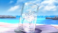 Rule 34 | absurdres, beach, blue sky, cloud, cup, day, drinking glass, highres, ice, ice cube, nap on a cloud, no humans, ocean, original, outdoors, pebble, sand, sky, table, water, water drop