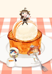 Rule 34 | 10s, 3girls, :&gt;, ahoge, bad id, bad pixiv id, beret, blonde hair, blue eyes, blue hair, boots, brown hair, brown skirt, butter, chibi, commandant teste (kancolle), detached sleeves, double bun, dress, food, fork, french toast, hair bun, hairband, hat, headgear, hinata yuu, ice cream, kantai collection, kongou (kancolle), libeccio (kancolle), long hair, mini person, minigirl, multicolored hair, multiple girls, nontraditional miko, one eye closed, open mouth, oversized object, paravane, plaid, plaid scarf, pom pom (clothes), purple eyes, red hair, ribbon-trimmed sleeves, ribbon trim, sailor dress, scarf, skirt, streaked hair, thigh boots, thighhighs, twintails, white dress, white hair, | |