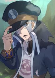 Rule 34 | 1boy, absurdres, belt, belt buckle, black coat, black hat, black shirt, bracelet, brown belt, buckle, coat, commentary request, creatures (company), game freak, grey eyes, grey hair, hand on headwear, hat, high collar, highres, ingo (pokemon), jewelry, looking at viewer, lower teeth only, male focus, nintendo, open clothes, open coat, open mouth, peaked cap, pearl clan outfit, pokemon, pokemon legends: arceus, seno azana, shirt, short hair, sideburns, solo, teeth, torn clothes, torn coat