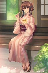 Rule 34 | 1girl, alternate costume, alternate hairstyle, architecture, brown eyes, brown hair, closed mouth, commentary request, east asian architecture, flower, food, hair between eyes, hair bun, hair flower, hair ornament, hair up, highres, holding, japanese clothes, kantai collection, kasumi (skchkko), kimono, long sleeves, looking at viewer, obi, outdoors, pink flower, pink kimono, porch, sandals, sash, sitting, sliding doors, solo, toes, two-tone kimono, wide sleeves, yamato (kancolle), yukata, zouri