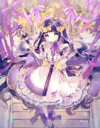 Rule 34 | 1girl, absurdly long hair, amenosaka nono, ankle ribbon, artist name, back bow, black eyes, black hair, blunt bangs, blush, bow, buttons, commentary request, crown, double-breasted, dress, flower, frilled dress, frills, hair flower, hair ornament, holding, leg ribbon, light blush, long hair, looking at viewer, neck ribbon, nengajou, new year, original, petals, purple eyes, purple ribbon, ribbon, scepter, smile, solo, stairs, striped neckwear, striped ribbon, veil, very long hair, white legwear, yellow flower