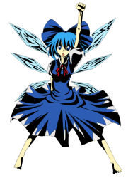 Rule 34 | 1girl, bad anatomy, barefoot, blue eyes, blue hair, cirno, clenched hand, embodiment of scarlet devil, female focus, full body, matching hair/eyes, poorly drawn, raised fist, simple background, solo, standing, touhou, white background, wings