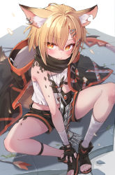 Rule 34 | 1girl, animal ear fluff, animal ears, arknights, bandaged arm, bandaged leg, bandages, bare shoulders, black shorts, blonde hair, blouse, boots, cape, crop top, earrings, fingerless gloves, fox ears, gloves, hair ornament, hairclip, highres, jewelry, looking at viewer, material growth, midriff, notched ear, oripathy lesion (arknights), prosthesis, prosthetic arm, shirt, short hair, short shorts, shorts, sitting, sleeveless, sleeveless shirt, solo, strapless, strapless shirt, thighs, toeless footwear, torn clothes, torn shirt, trente, vermeil (arknights), white shirt
