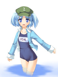 Rule 34 | 1girl, bad id, bad pixiv id, blue hair, female focus, hat, highres, kawashiro nitori, name tag, no pants, one-piece swimsuit, open clothes, open shirt, school swimsuit, shirt, short hair, solo, swimsuit, swimsuit under clothes, totokichi, touhou, two side up, wading, water