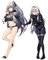Rule 34 | 2girls, ak-12 (age of slushies) (girls&#039; frontline), ak-12 (girls&#039; frontline), alternate costume, alternate hair color, an-94 (girls&#039; frontline), an-94 (the diving bell and the doll) (girls&#039; frontline), ankle holster, bikini, black ribbon, blue eyes, blush, bodysuit, braid, breasts, closed mouth, combat knife, diving mask, diving suit, embarrassed, french braid, full body, girls&#039; frontline, goggles, grey jacket, groin, hairband, hand up, highres, holding, holding goggles, holding hands, jacket, knees together feet apart, knife, long hair, looking at viewer, medium breasts, multiple girls, navel, no shoes, official alternate costume, one eye closed, open clothes, open jacket, open mouth, purple eyes, ribbon, sd bigpie, sidelocks, silver bikini, silver hair, simple background, smile, standing, stomach, sweat, swimsuit, very long hair, wavy mouth, weapon, wetsuit, white background