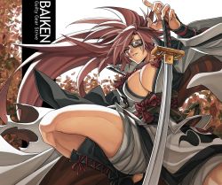 Rule 34 | 1girl, arc system works, baiken, bandages, breasts, character name, cleavage, dong hole, eyepatch, from above, guilty gear, guilty gear strive, highres, holding, holding sword, holding weapon, japanese clothes, katana, kimono, kneeling, large breasts, leaf, long hair, looking at viewer, looking down, pink hair, ponytail, rope belt, samurai, sandals, sash, scar, scar across eye, scar on face, solo, squatting, sword, thick thighs, thighs, tiara, weapon, white background, wind, wind lift