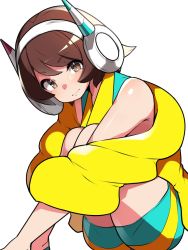 Rule 34 | 1girl, bare legs, bike shorts, blue shorts, brown eyes, brown hair, closed mouth, coat, cosplay, creatures (company), down jacket, elesa (pokemon), elesa (pokemon) (cosplay), feet out of frame, from side, fur coat, game freak, gloria (pokemon), headphones, highres, hugging own legs, jacket, leaning forward, long sleeves, looking at viewer, mituyota 76, multicolored clothes, nintendo, off shoulder, open clothes, open coat, pokemon, pokemon bw2, pokemon swsh, redrawn, short hair, shorts, simple background, sitting, sleeveless, smile, solo, white background, yellow coat, yellow shorts