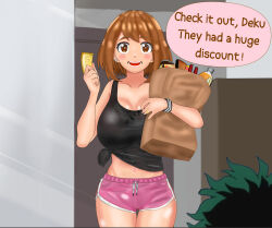 Rule 34 | 1girl, alternate breast size, bag, black tank top, black wristband, blush stickers, boku no hero academia, breasts, brown eyes, brown hair, couple, coupon, dating, dolphin shorts, ear cuff, eddarxart, english text, groceries, grocery bag, happy, highres, holding, holding bag, house, housewife, husband and wife, jewelry, large breasts, marriage, midoriya izuku, navel, open mouth, pink shorts, ring, shirt, shopping bag, shorts, sidelocks, speech bubble, sweat, talking to viewer, tank top, thighs, tied shirt, uraraka ochako, wedding band, wedding ring, wristband