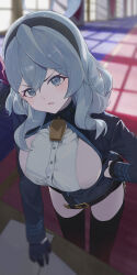 Rule 34 | 1girl, absurdres, ako (blue archive), belt, black belt, black gloves, black hairband, black jacket, black thighhighs, blue archive, blue eyes, blue hair, blue halo, blurry, blurry background, blush, breasts, buttons, dunggeul dunggeul, gloves, hair between eyes, hairband, halo, highres, indoors, jacket, large breasts, long hair, long sleeves, looking at viewer, open mouth, shirt, sideboob, solo, thighhighs, white shirt