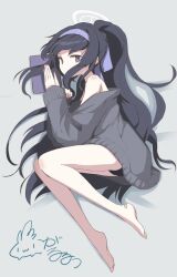 Rule 34 | 1girl, bandaid, bandaid on foot, bare shoulders, barefoot, bikini, black bikini, black hair, blue archive, blue eyes, blue hairband, blue ribbon, book, cardigan, clenched hand, collarbone, full body, garuruu (garumux), grey cardigan, hair ribbon, hairband, halo, hands up, knees up, long hair, long sleeves, looking at viewer, lying, off shoulder, on side, ponytail, ribbon, sidelocks, signature, solo, swimsuit, toes, ui (blue archive), ui (swimsuit) (blue archive), very long hair, white background
