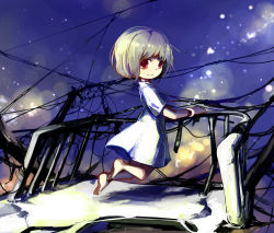 Rule 34 | 1girl, arm support, bad id, bad pixiv id, bracelet, dress, floating, grey hair, jewelry, original, red eyes, sakata kaname, short hair, sky, smile, solo, star (sky), starry sky, wire