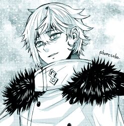 Rule 34 | 1boy, coat, earrings, fate/grand order, fate (series), fur-trimmed coat, fur trim, greyscale, hair between eyes, high collar, highres, hometaba, jewelry, kadoc zemlupus, light blush, light smile, male focus, messy hair, monochrome, parted lips, portrait, short hair, simple background, solo, upper body