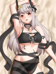 Rule 34 | 1girl, absurdres, arknights, arm up, armpits, bare shoulders, bikini, black bikini, black choker, breasts, choker, cleavage, commentary, cowboy shot, flower, hair flower, hair ornament, highres, horns, ikutachi, large breasts, long hair, looking at viewer, material growth, mudrock (arknights), mudrock (silent night) (arknights), official alternate costume, open mouth, oripathy lesion (arknights), pointy ears, red eyes, see-through, shawl, silver hair, solo, stomach, swimsuit