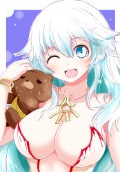 Rule 34 | 1girl, ;d, artemis (fate), bare shoulders, blue eyes, blue hair, blush, breasts, cleavage, collarbone, fate (series), hair between eyes, highres, jewelry, large breasts, long hair, looking at viewer, nanaume (shichimi tougarashi), necklace, one eye closed, open mouth, orion (bear) (fate), revealing clothes, smile, stuffed animal, stuffed toy, swept bangs, teddy bear, upper body, wavy hair