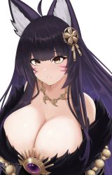 Rule 34 | 1girl, animal ears, azur lane, bare shoulders, breasts, cleavage, facial mark, fox ears, fox girl, fur trim, hair ornament, highres, jewelry, large breasts, long hair, looking at viewer, musashi (azur lane), necklace, off shoulder, parted lips, purple hair, simple background, solo, upper body, vik (xypt7474), white background, yellow eyes