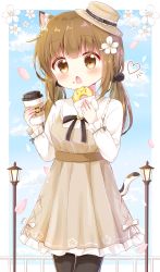 Rule 34 | 1girl, absurdres, animal ear fluff, animal ears, bad id, bad pixiv id, bell, black pantyhose, bow, brown eyes, brown hair, calico, cat ears, cat girl, cat tail, cup, disposable cup, doughnut, dress, dress bow, eating, flower, food, food on face, frilled dress, frills, hat, heart, highres, jingle bell, lamppost, long sleeves, low twintails, medium hair, mike mochi, original, pantyhose, petals, solo, tail, twintails